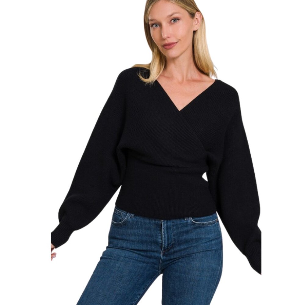 ZENANA Cross Wrap Rib Long Sleeve Sweater Black Medium